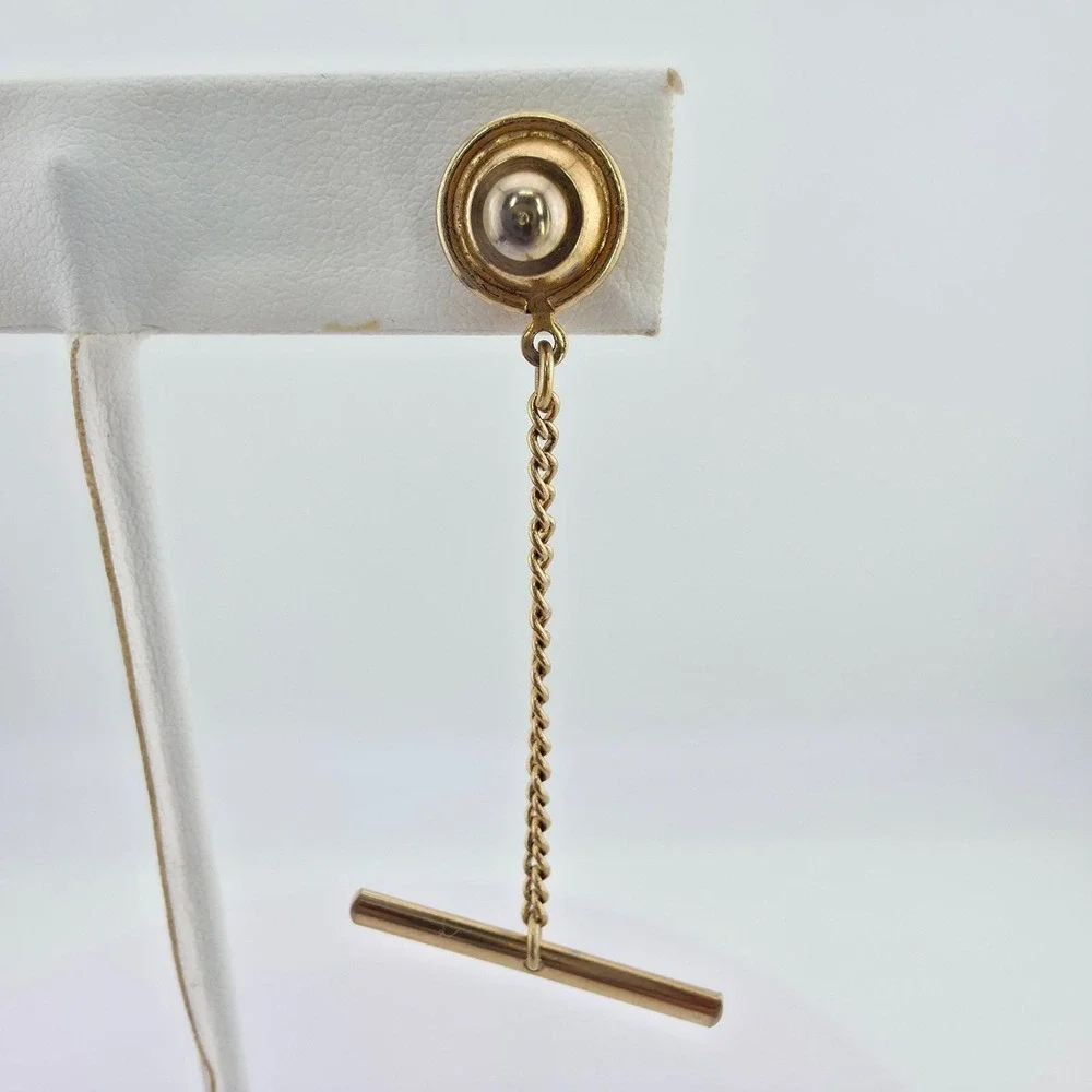 Vintage Faux Pearl Tie Tack Pin Buttonhole Barbell Chain Gold Tone FREE $HIP!!!